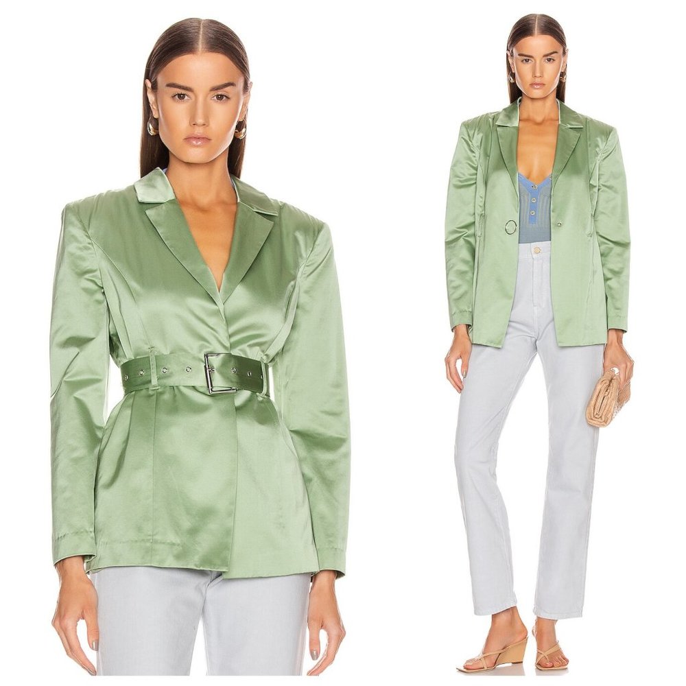 GRLFRND Alexei Satin Sage Green Puff Sleeve Belted Blazer Jacket